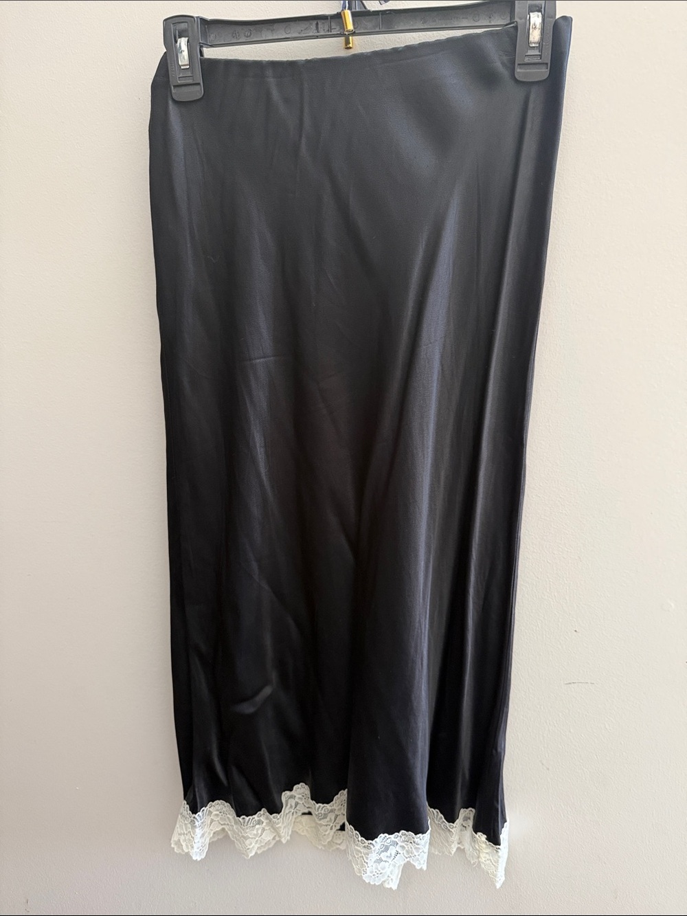 Anthropologie Black Maxi Slip Skirt with White Lace Hem Small Elastic Waist